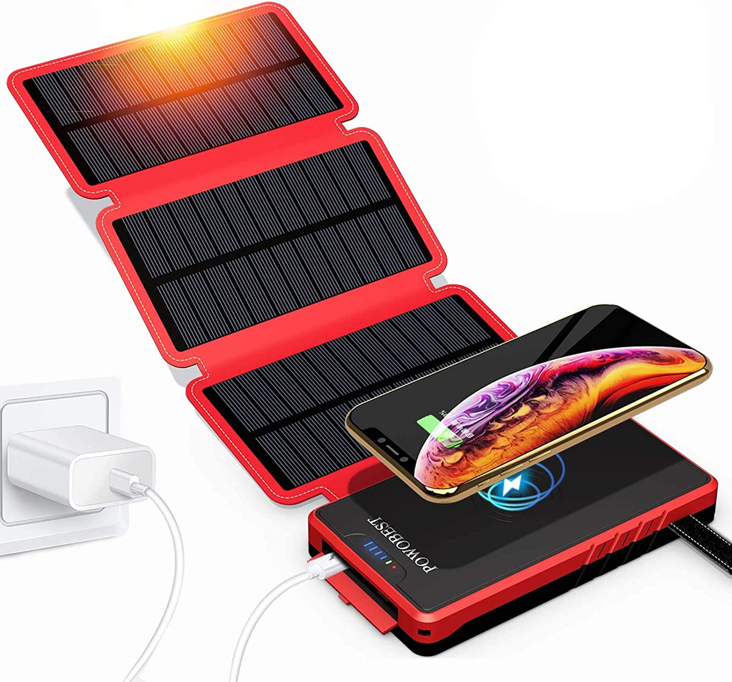 Solar Phone Charger,Solar Charger Power Bank,Outdoor Solar Cellphone Power Bank,High-Speed Charging，Portable Power Bank，20000Mah Wireless Portable Solar Power Bank,Solar Panel Charging(Red)