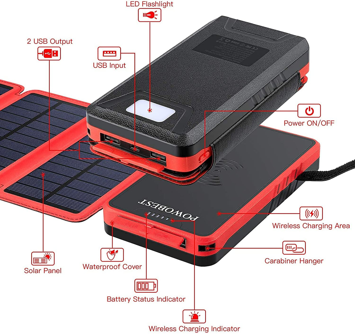 Solar Phone Charger,Solar Charger Power Bank,Outdoor Solar Cellphone Power Bank,High-Speed Charging，Portable Power Bank，20000Mah Wireless Portable Solar Power Bank,Solar Panel Charging(Red)