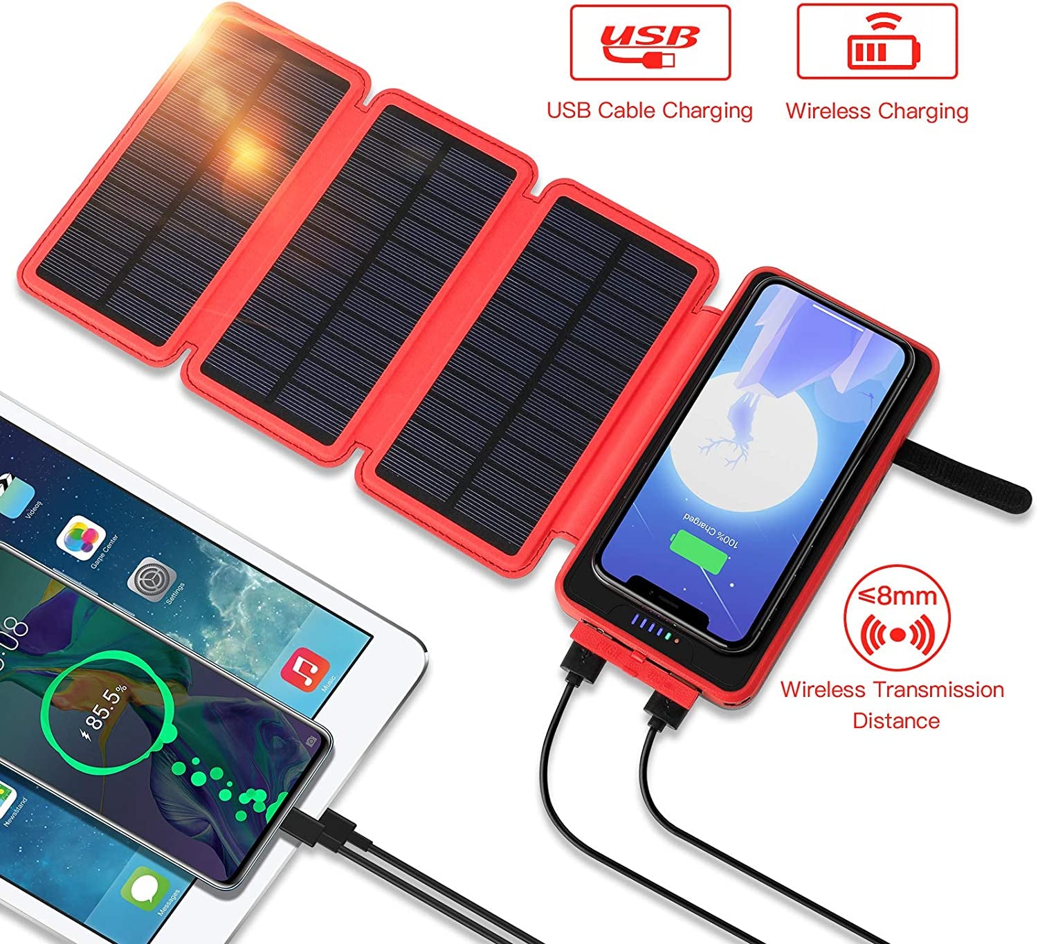 Solar Phone Charger,Solar Charger Power Bank,Outdoor Solar Cellphone Power Bank,High-Speed Charging，Portable Power Bank，20000Mah Wireless Portable Solar Power Bank,Solar Panel Charging(Red)