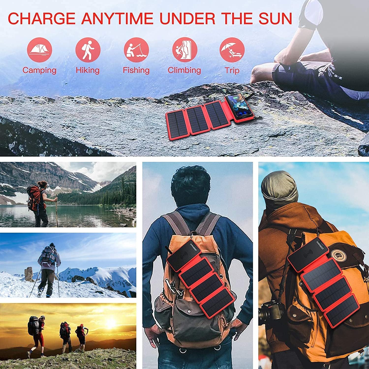 Solar Phone Charger,Solar Charger Power Bank,Outdoor Solar Cellphone Power Bank,High-Speed Charging，Portable Power Bank，20000Mah Wireless Portable Solar Power Bank,Solar Panel Charging(Red)